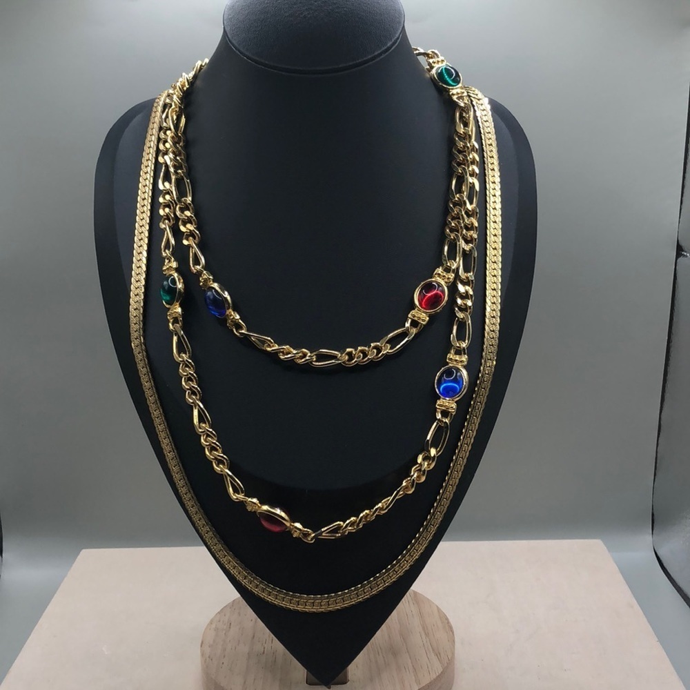 Curated bundle vintage gold tone costume necklaces, statement style.